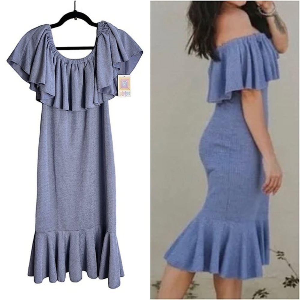LuLaRoe Blue Off-Shoulder Midi Dress